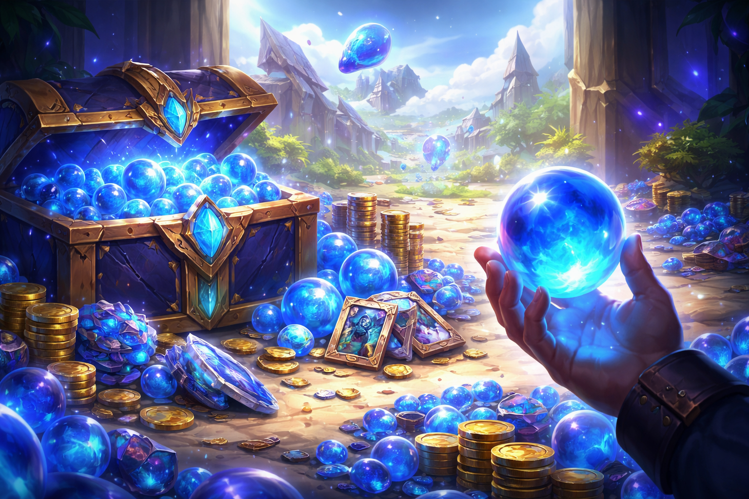 Ornate fantasy treasure chest overflowing with glowing blue orbs and crystal shards, with gold coins scattered across the ground and a hand holding a large luminous orb in the foreground.
