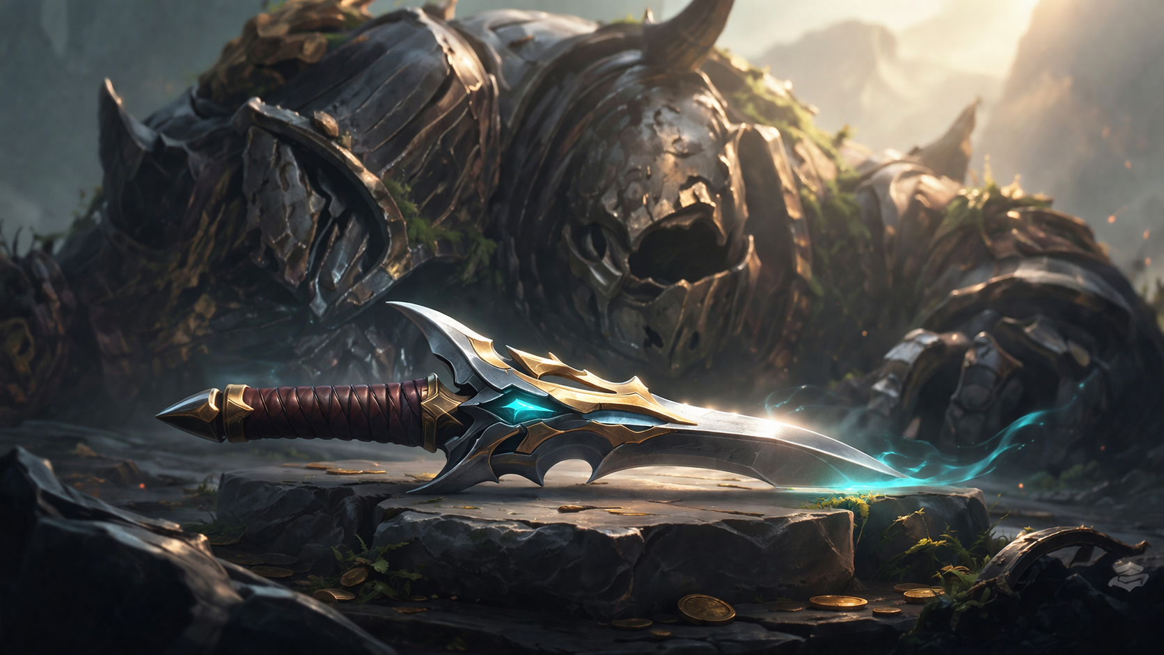 A sleek curved dagger with a glowing blue core rests on a stone slab in the foreground, while the shattered body of a massive armored giant lies collapsed behind it amid coins and drifting blue energy.