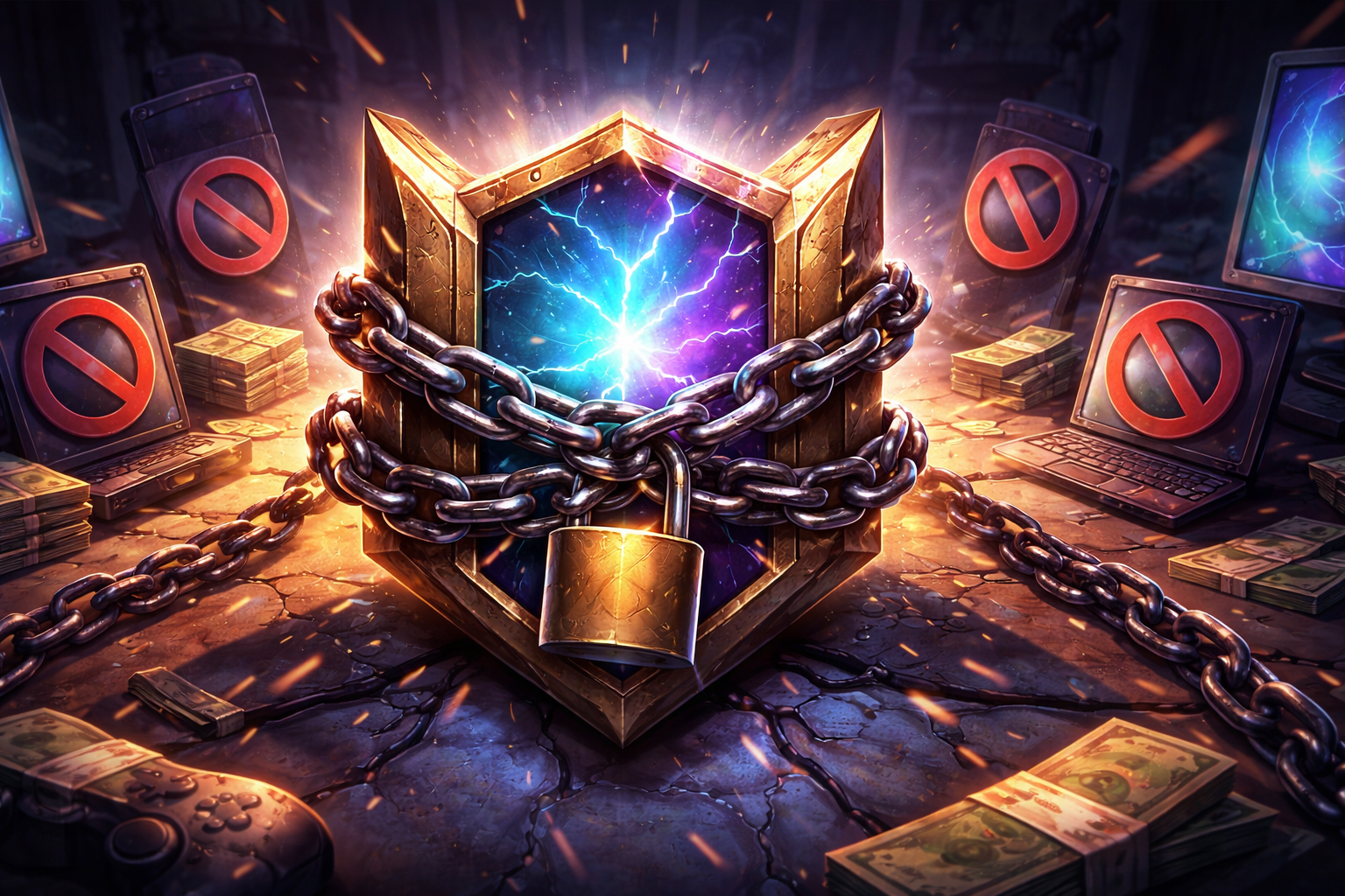 Cracked circular device with a bright glowing core, blue and violet inner fragments, and debris scattered across a dark floor, creating the feel of a system breaking apart under pressure.