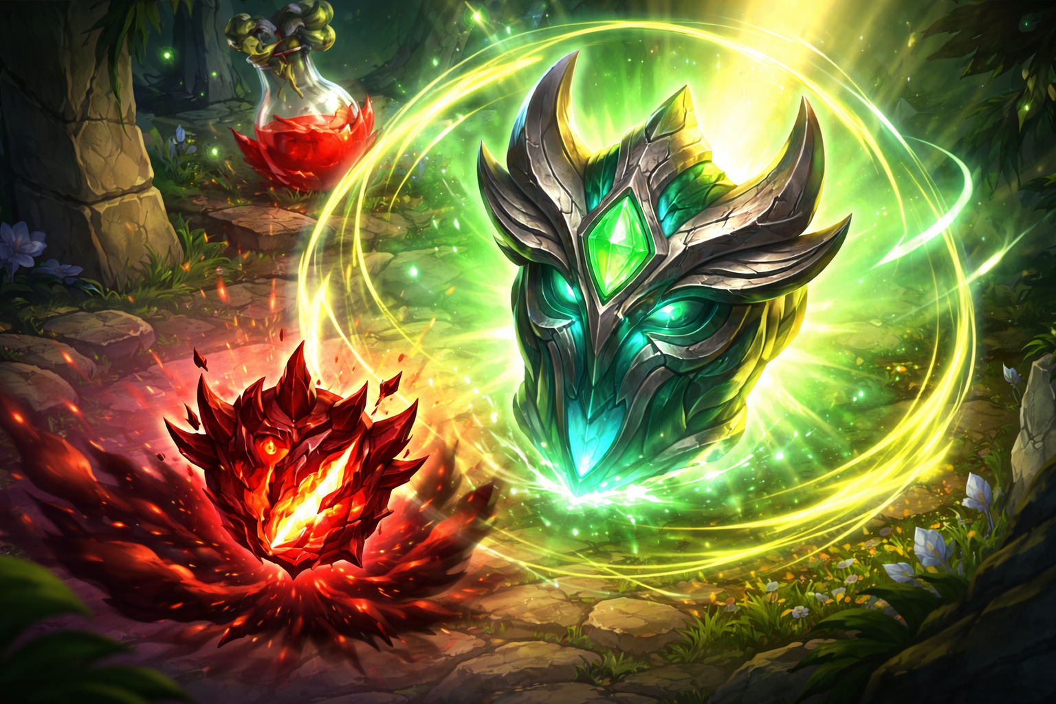 Glowing green spirit mask surrounded by swirling healing light as it faces a jagged red wound-like artifact in a ruined forest clearing.