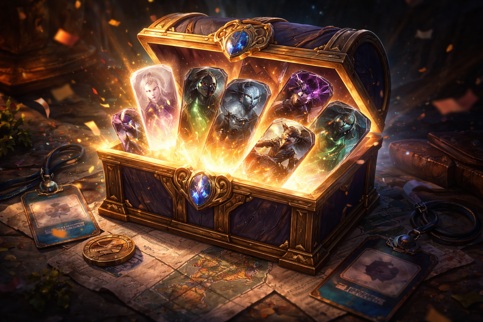 An ornate treasure chest glows open on top of old maps and papers, with several luminous character cards rising from inside while medals, tags, and scattered documents lie around it.