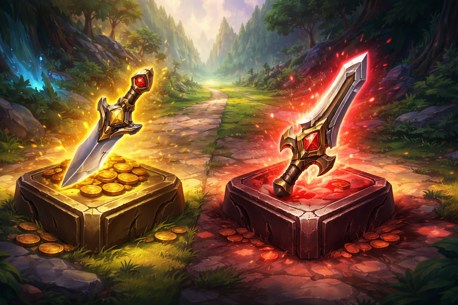 Two glowing starting items rest on separate stone pedestals along a forest lane path, with a small gold-and-silver dagger above a pile of coins on one side and a larger red-gem blade radiating red energy on the other.