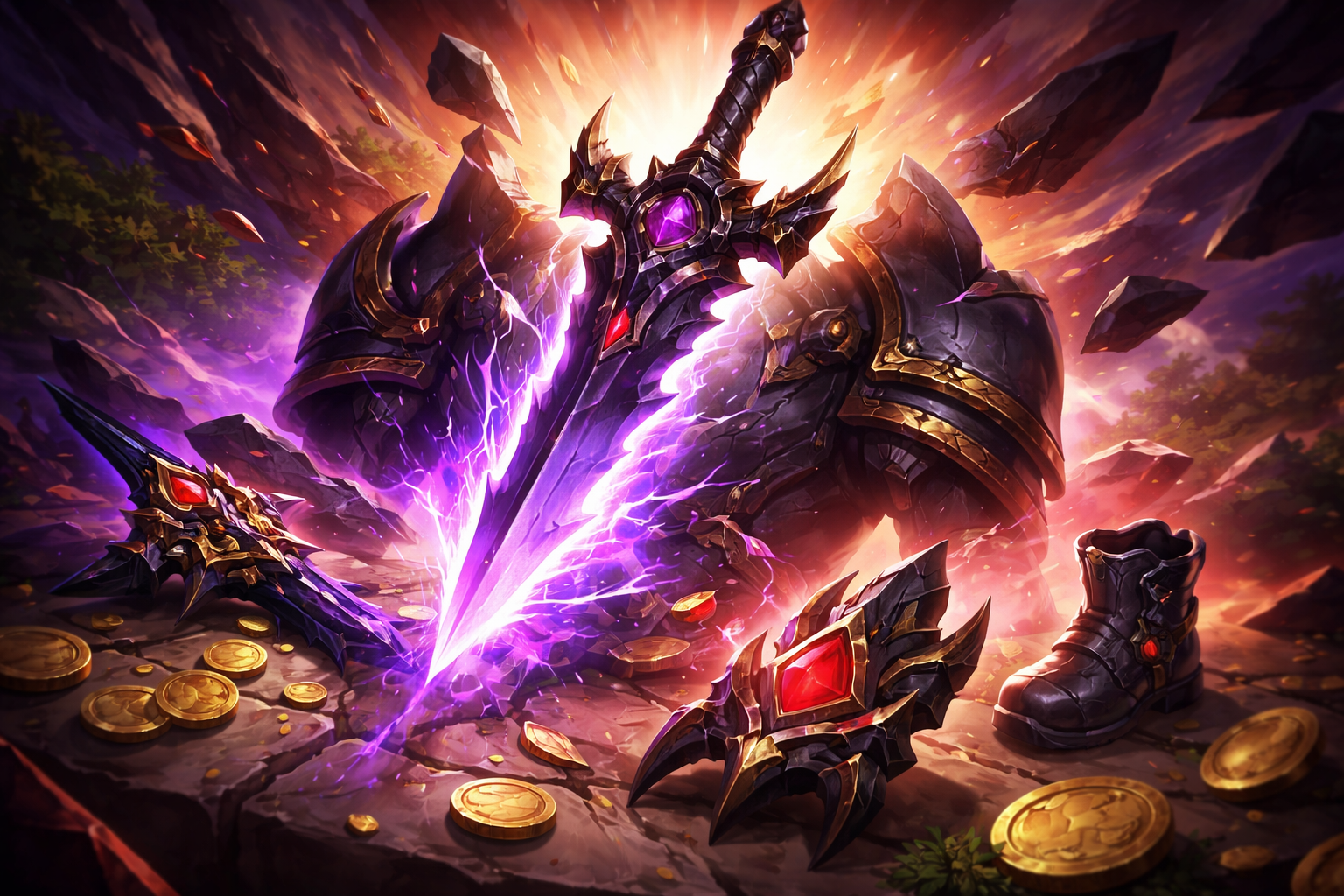 A massive purple glowing sword cleaves through dark armor and a heavy chestplate, sending cracked metal, red gem fragments, and gold coins flying across a rocky battlefield.
