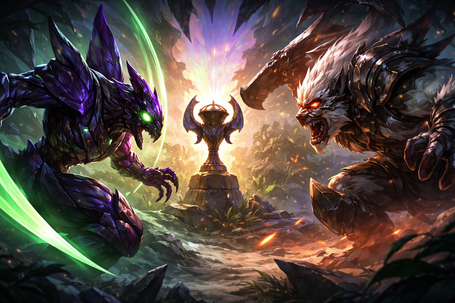 A purple insect-like monster with glowing green eyes faces a roaring white armored beast across a jungle path, with a trophy-like artifact standing between them in a burst of light.