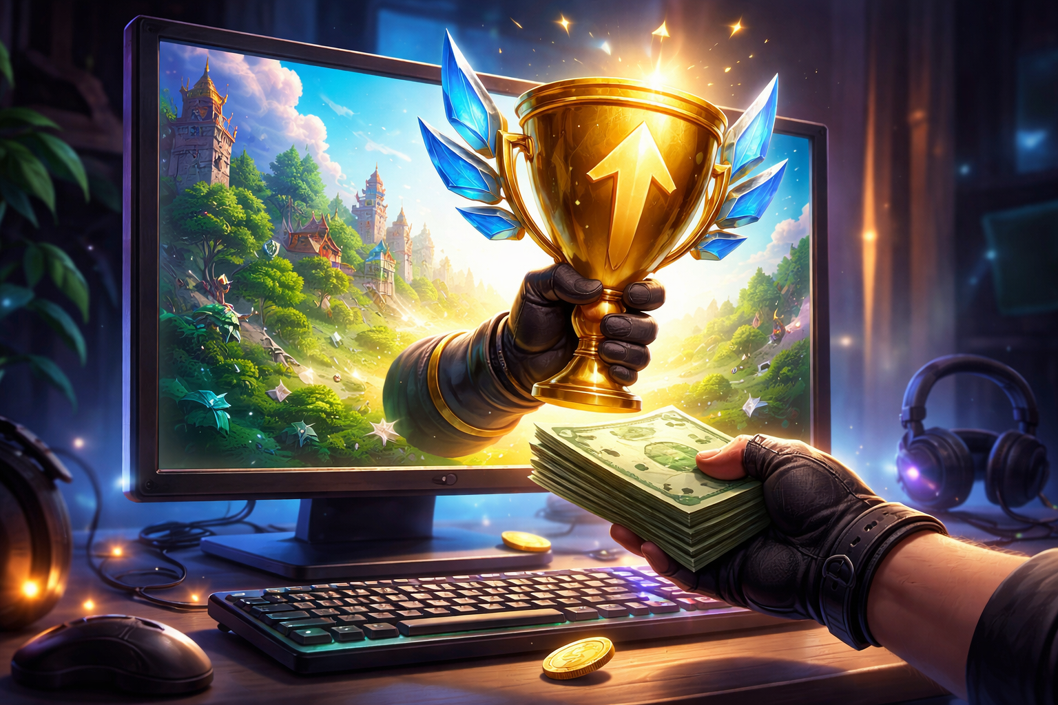 A fantasy game world glows on a desktop monitor as a gloved hand reaches out holding a gold trophy, while another hand offers a stack of cash over a desk with a keyboard, mouse, headphones, and scattered coins.