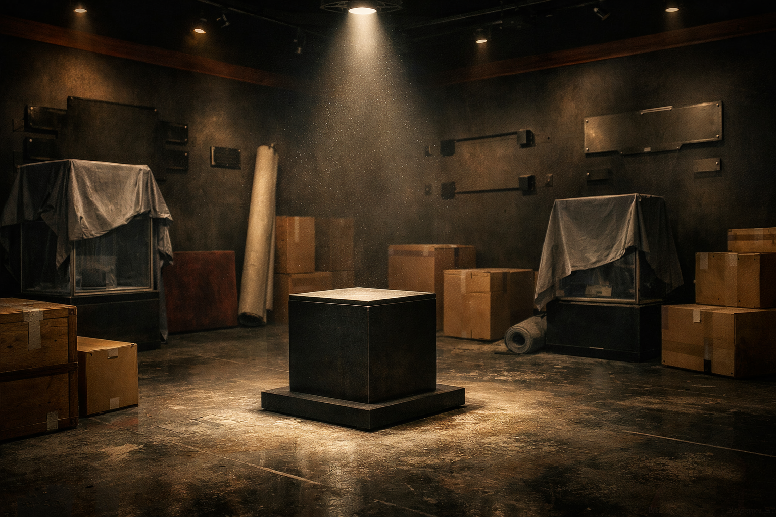 A dark trophy room in the middle of being dismantled, with an empty black pedestal under a single spotlight, covered display cases, packed crates, and rolled materials surrounding it.